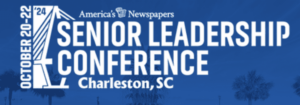 blue and white logo for Senior Leadership Conference by America's Newspaper. 